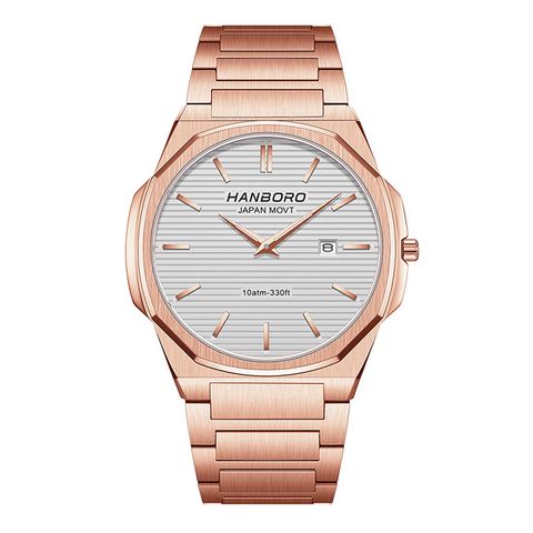 HANBORO | 超薄錶殼系列 003-2RWRS | 玫瑰金八角形錶框 銀白色橫紋錶盤 不鏽鋼錶帶 正面