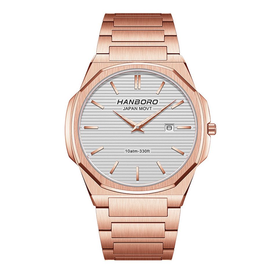 HANBORO | 超薄錶殼系列 003-2RWRS | 玫瑰金八角形錶框 銀白色橫紋錶盤 不鏽鋼錶帶 正面