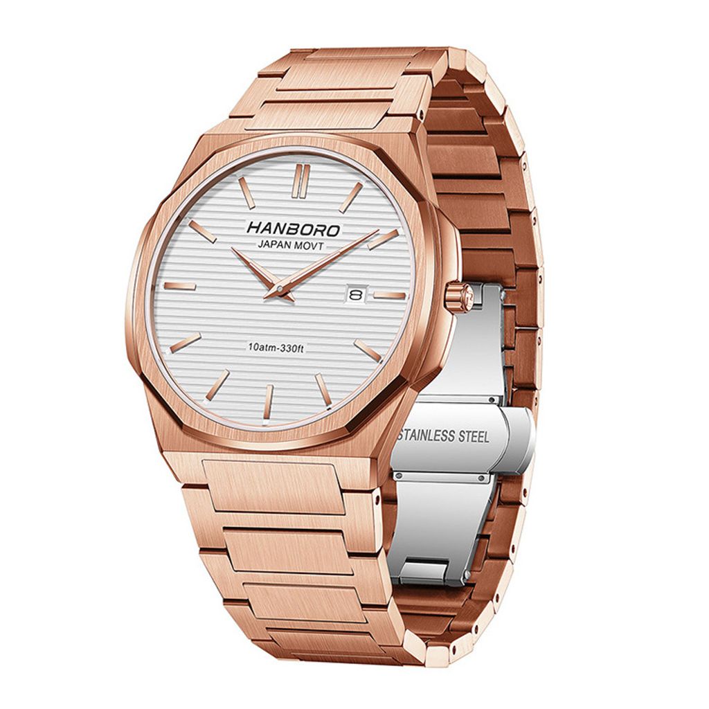 HANBORO | 超薄錶殼系列 003-2RWRS | 玫瑰金八角形錶框 銀白色橫紋錶盤 不鏽鋼錶帶 側面