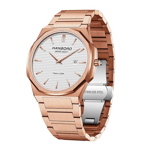 HANBORO | 超薄錶殼系列 003-2RWRS | 玫瑰金八角形錶框 銀白色橫紋錶盤 不鏽鋼錶帶 側面