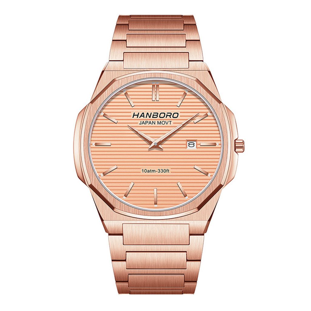HANBORO | 超薄錶殼系列 003-2RRRS | 玫瑰金八角形錶框 橫紋錶盤 不鏽鋼錶帶 正面