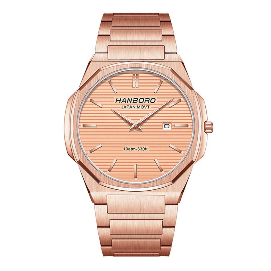 HANBORO | 超薄錶殼系列 003-2RRRS | 玫瑰金八角形錶框 橫紋錶盤 不鏽鋼錶帶 正面