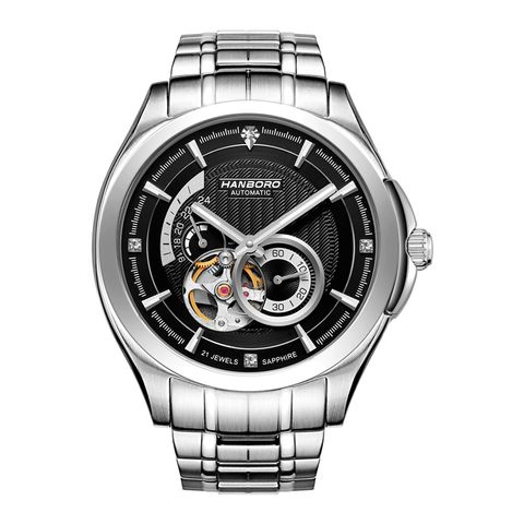 HANBORO | 騎士系列 88059-5SBS | 潮流鏤空 黑色錶面 夜光機械錶 不鏽鋼錶帶 正面