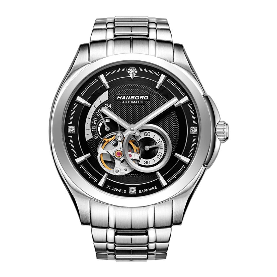 HANBORO | 騎士系列 88059-5SBS | 潮流鏤空 黑色錶面 夜光機械錶 不鏽鋼錶帶 正面