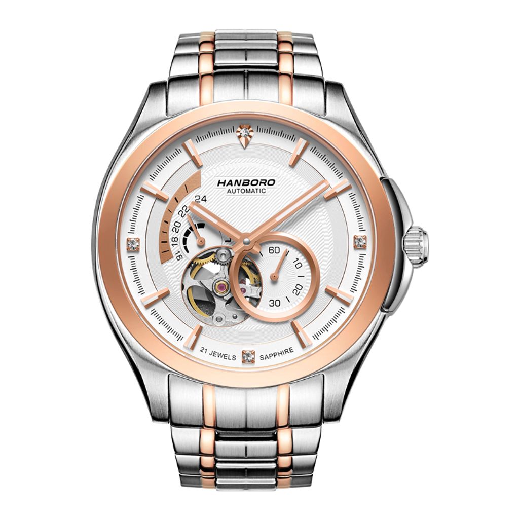 HANBORO | 騎士系列 88059-5HRGWHRG | 潮流鏤空 夜光機械錶 銀+玫瑰金色不鏽鋼錶帶 正面