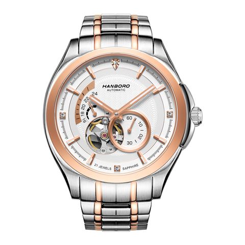 HANBORO | 騎士系列 88059-5HRGWHRG | 潮流鏤空 夜光機械錶 銀+玫瑰金色不鏽鋼錶帶 正面