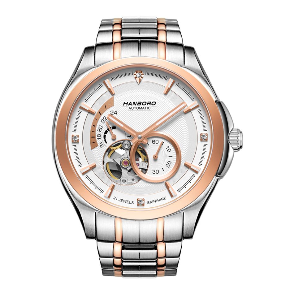 HANBORO | 騎士系列 88059-5HRGWHRG | 潮流鏤空 夜光機械錶 銀+玫瑰金色不鏽鋼錶帶 正面