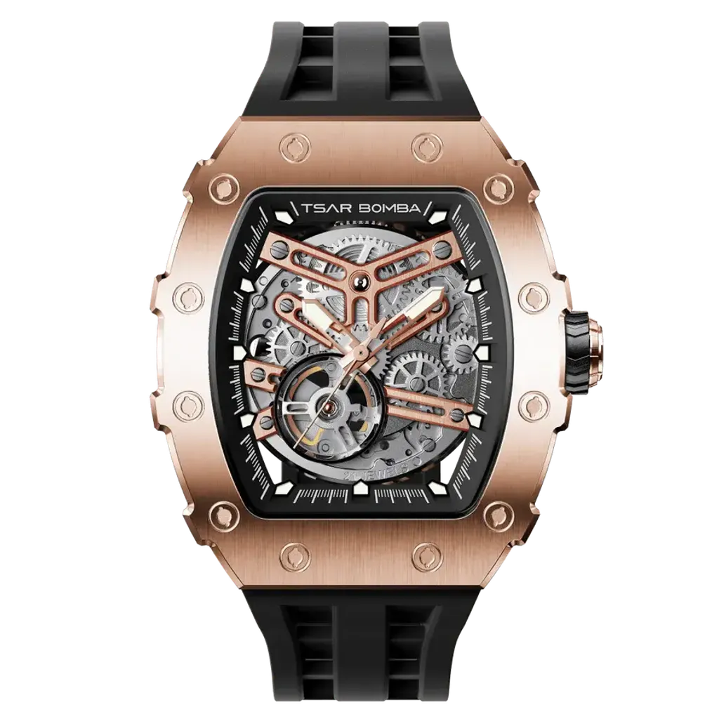 【贈太空人上鍊盒】Tsar Bomba 機械公爵 | 元素系列 TB8208A-16/46 | 自動上鍊 玫金框 黑色矽膠錶帶 機械錶 正面