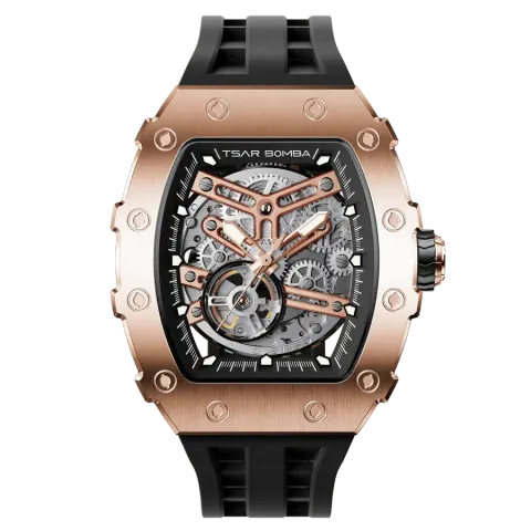 【贈太空人上鍊盒】Tsar Bomba 機械公爵 | 元素系列 TB8208A-16/46 | 自動上鍊 玫金框 黑色矽膠錶帶 機械錶 正面