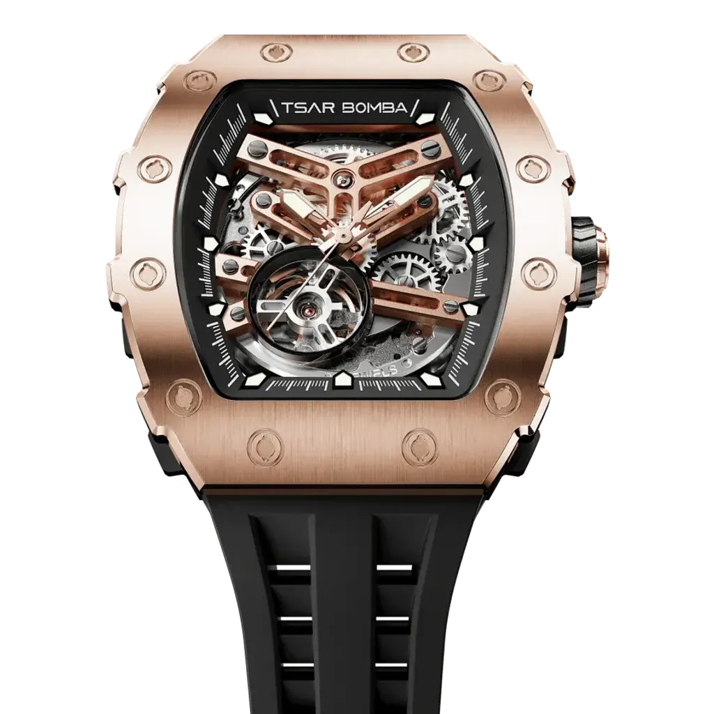 【贈太空人上鍊盒】Tsar Bomba 機械公爵 | 元素系列 TB8208A-16/46 | 自動上鍊 玫金框 黑色矽膠錶帶 機械錶 俯視