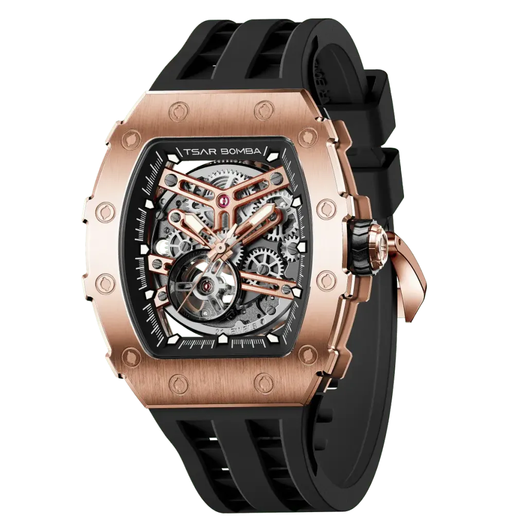 【贈太空人上鍊盒】Tsar Bomba 機械公爵 | 元素系列 TB8208A-16/46 | 自動上鍊 玫金框 黑色矽膠錶帶 機械錶 側面