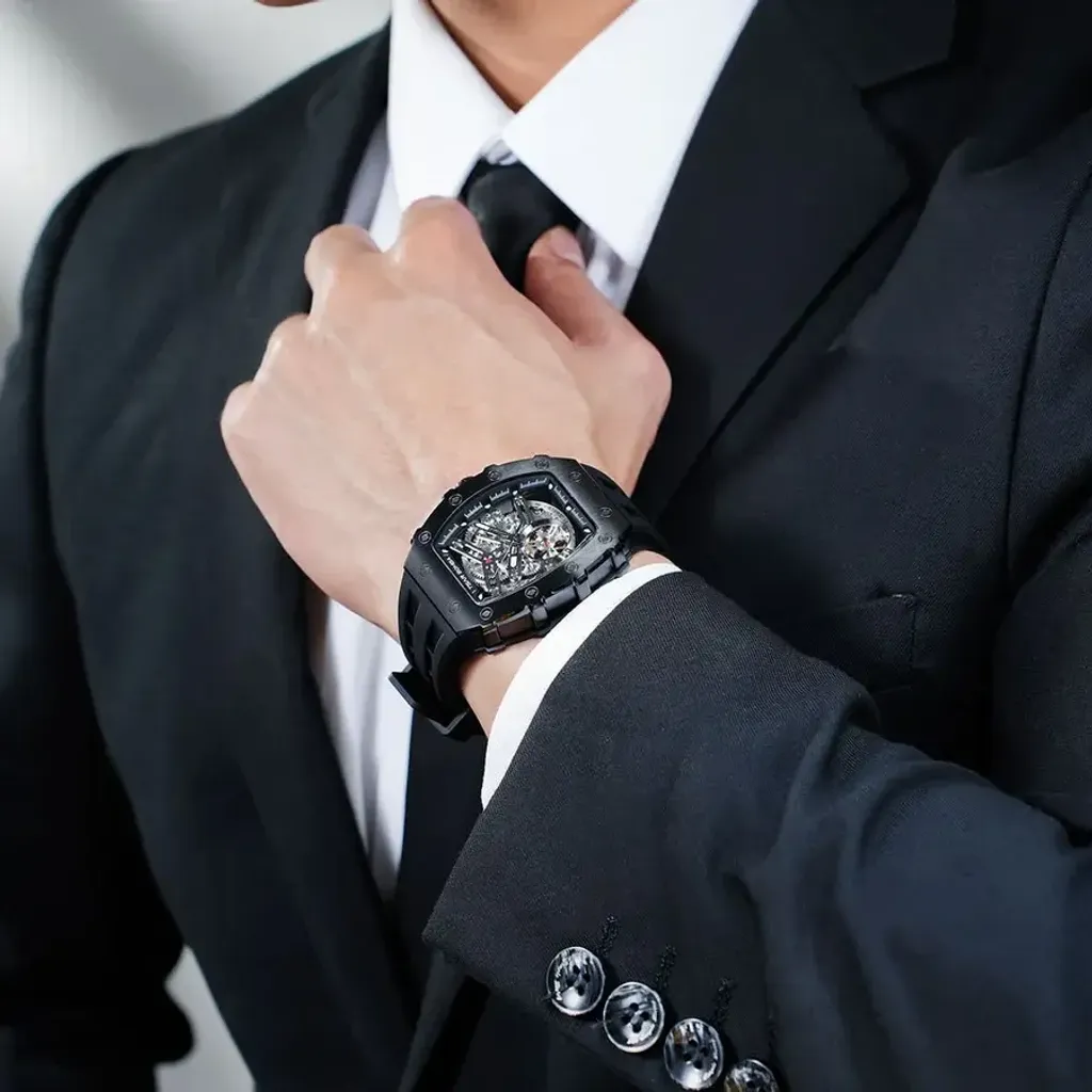 【贈太空人上鍊盒】Tsar Bomba 機械公爵 | 元素系列 TB8208A-15/45 | 自動上鍊 黑框 黑色矽膠錶帶 機械錶 實戴展示