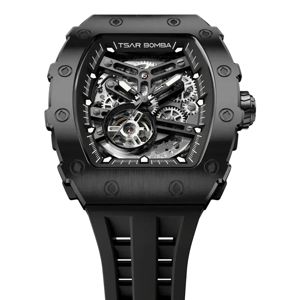 【贈太空人上鍊盒】Tsar Bomba 機械公爵 | 元素系列 TB8208A-15/45 | 自動上鍊 黑框 黑色矽膠錶帶 機械錶 俯視