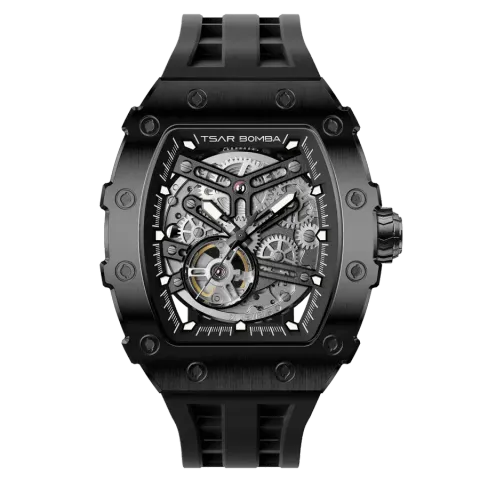 【贈太空人上鍊盒】Tsar Bomba 機械公爵 | 元素系列 TB8208A-15/45 | 自動上鍊 黑框 黑色矽膠錶帶 機械錶 正面