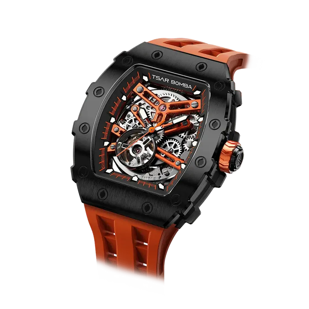Tsar Bomba 機械公爵 | 元素系列 TB8208A-10 | 自動上鍊 黑框 橘色矽膠錶帶 機械錶 俯視