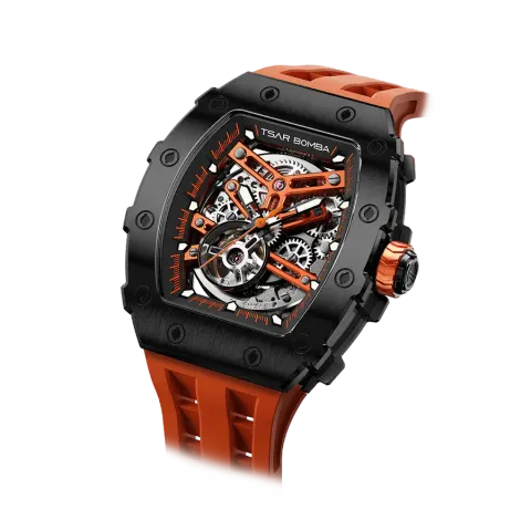 Tsar Bomba 機械公爵 | 元素系列 TB8208A-10 | 自動上鍊 黑框 橘色矽膠錶帶 機械錶 俯視