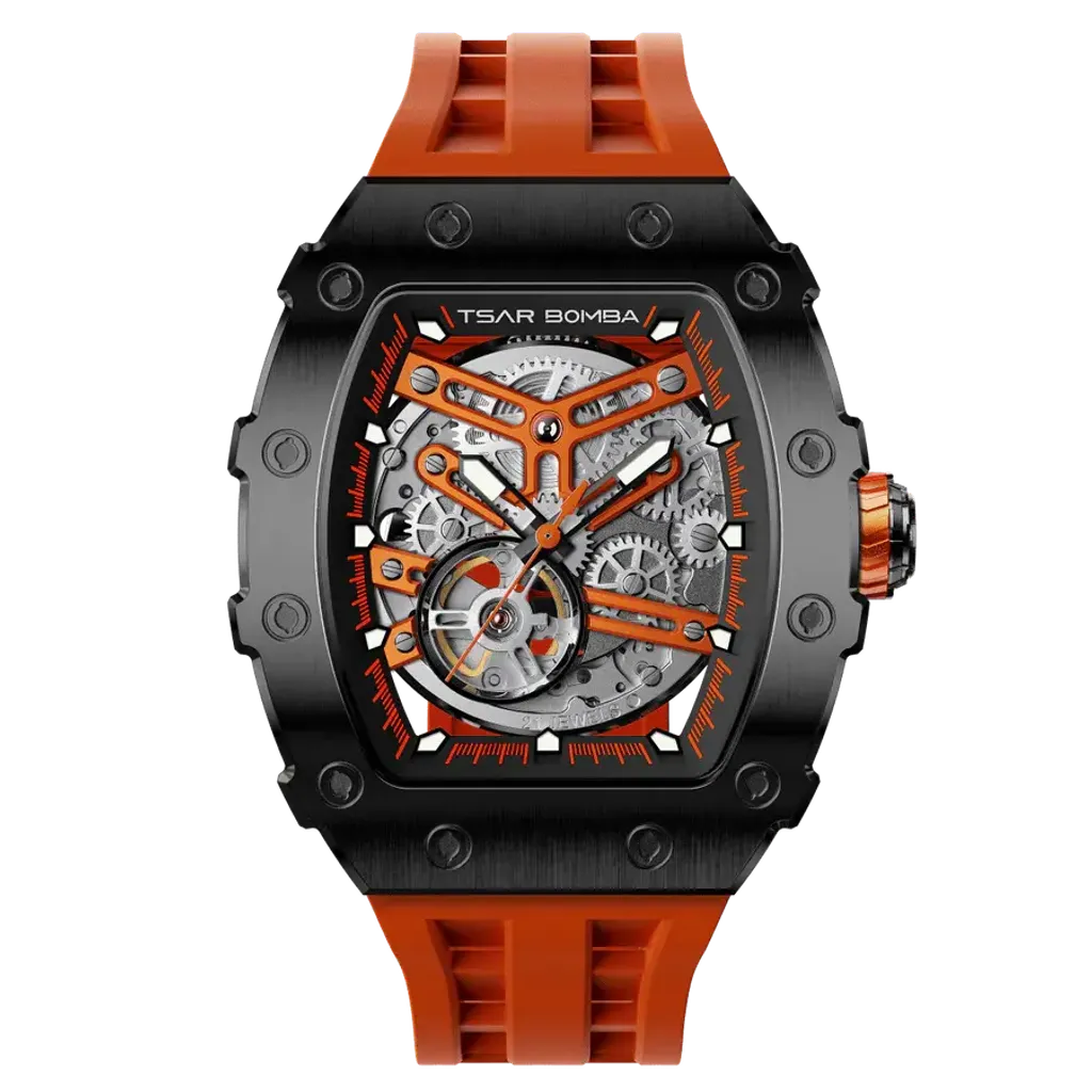 Tsar Bomba 機械公爵 | 元素系列 TB8208A-10 | 自動上鍊 黑框 橘色矽膠錶帶 機械錶 正面