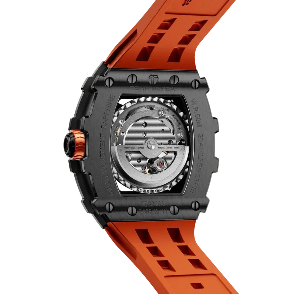 Tsar Bomba 機械公爵 | 元素系列 TB8208A-10 | 自動上鍊 黑框 橘色矽膠錶帶 機械錶 錶面細節