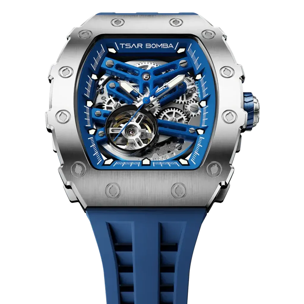 【贈太空人上鍊盒】Tsar Bomba 機械公爵 | 元素系列 TB8208A-02/11/41 | 自動上鍊 銀框 藍色矽膠錶帶 機械錶 錶面細節