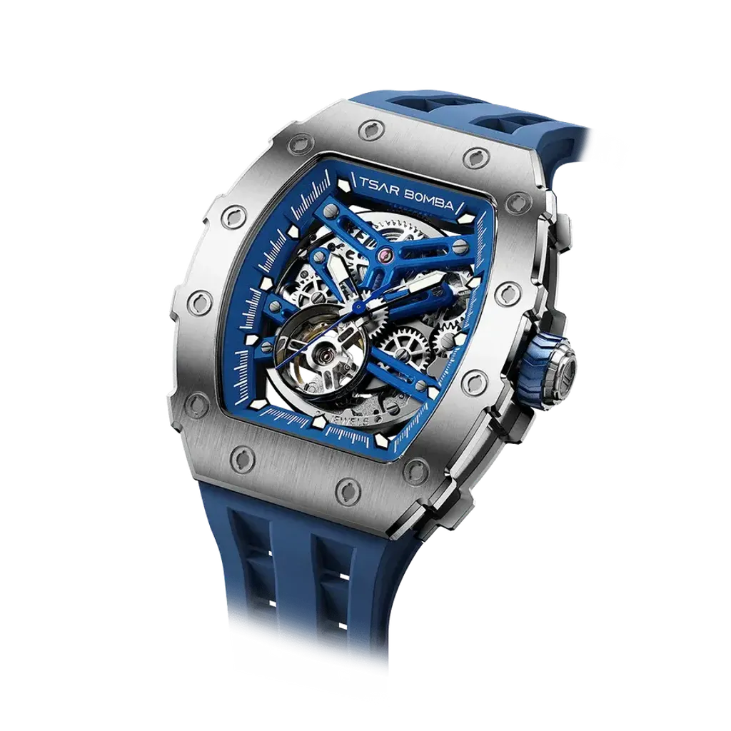 【贈太空人上鍊盒】Tsar Bomba 機械公爵 | 元素系列 TB8208A-02/11/41 | 自動上鍊 銀框 藍色矽膠錶帶 機械錶 俯視