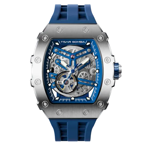 【贈太空人上鍊盒】Tsar Bomba 機械公爵 | 元素系列 TB8208A-02/11/41 | 自動上鍊 銀框 藍色矽膠錶帶 機械錶 正面