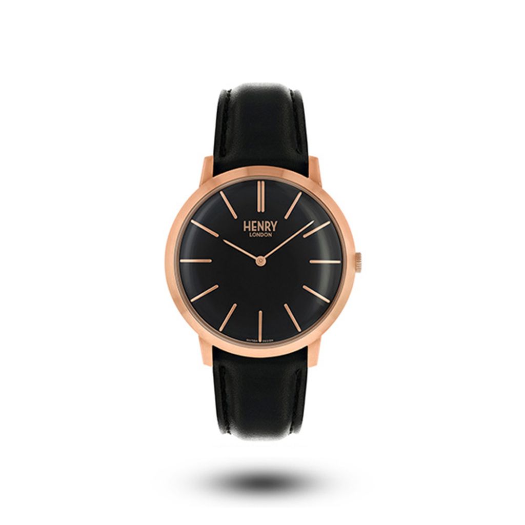 HENRY LONDON | HL40-S-0248 | 玫瑰金黑面黑色皮帶腕錶 正面