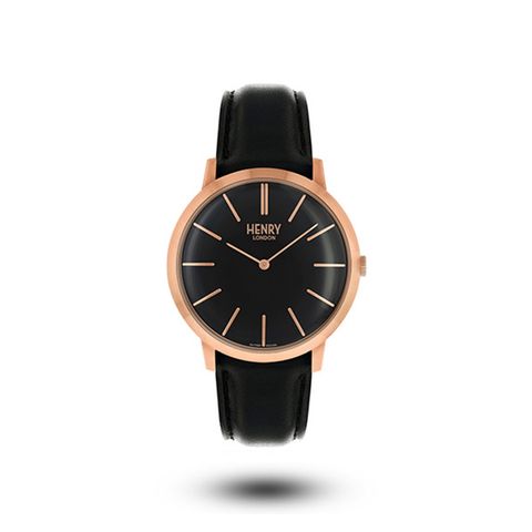 HENRY LONDON | HL40-S-0248 | 玫瑰金黑面黑色皮帶腕錶 正面