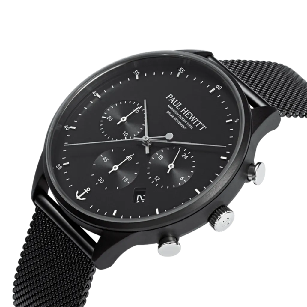 Paul Hewitt | PH-SET-0384-L | 黑鋼三眼光動能計時碼錶米蘭帶 & 船錨海洋鋼皮革手環 錶面細節