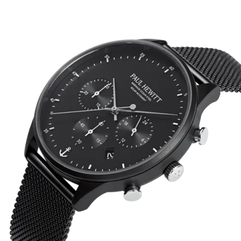 Paul Hewitt | PH-SET-0384-L | 黑鋼三眼光動能計時碼錶米蘭帶 & 船錨海洋鋼皮革手環 錶面細節