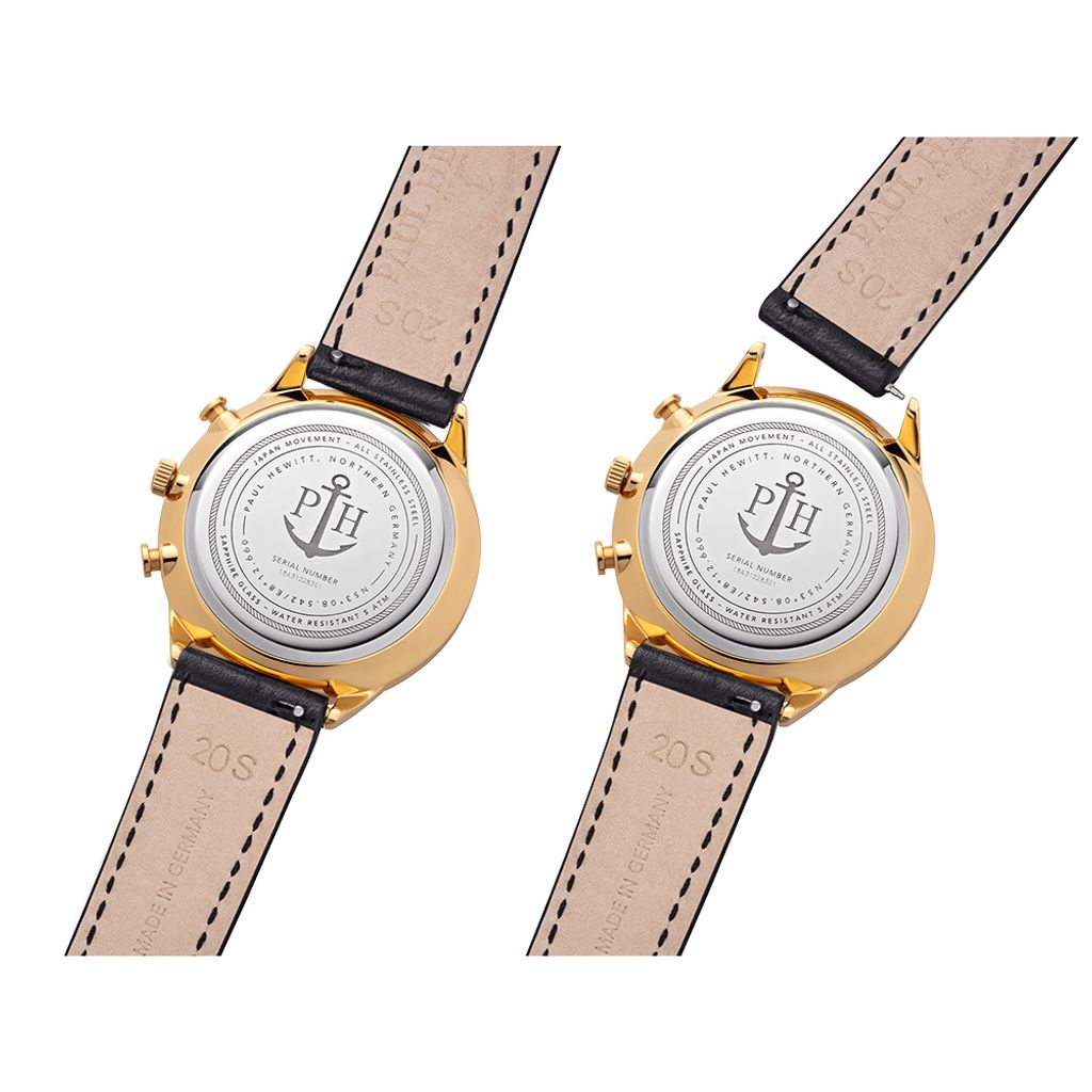 Paul Hewitt | PH-C-G-W-2M | 德國設計師品牌 金色錶殼 黑色皮革腕錶  背面細節