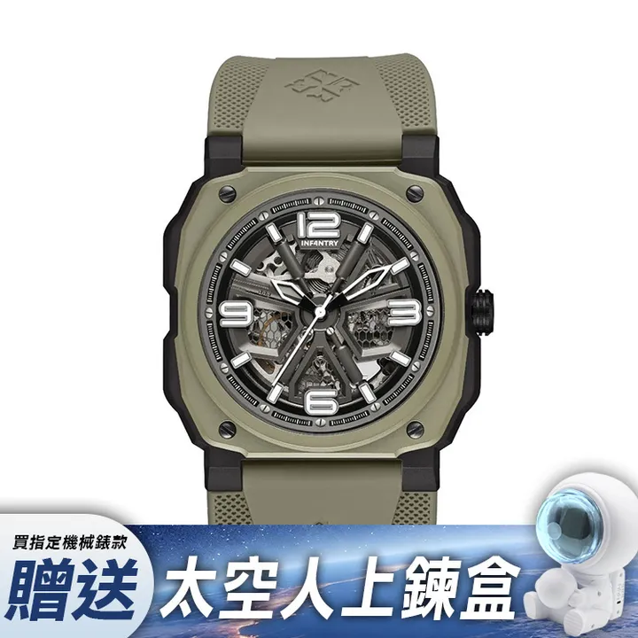 【贈太空人上鍊盒】INF4NTRY | REVO47-SKL01-GN | 綠色方殼 自動上鍊機械腕錶 機械鏤空 男錶