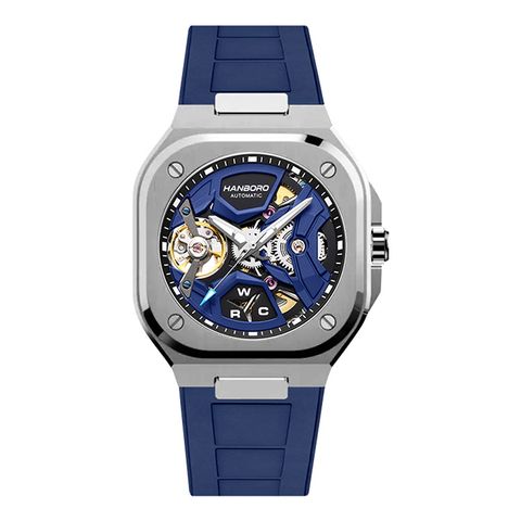 HANBORO | 3871-N | 銀框 方形鏤空 全自動機械腕 藍色矽膠錶帶 正面