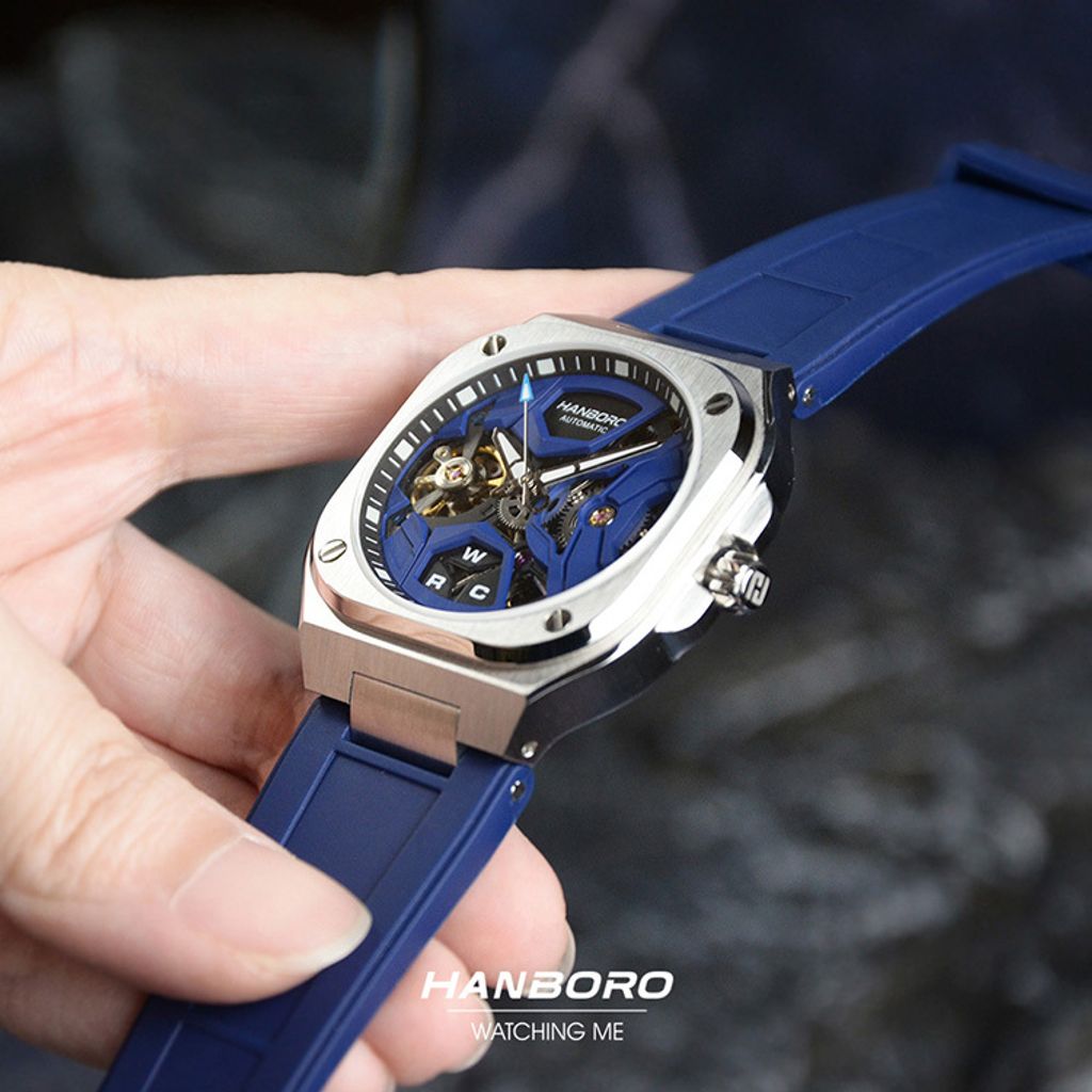 HANBORO | 3871-N | 銀框 方形鏤空 全自動機械腕 藍色矽膠錶帶 右側實體