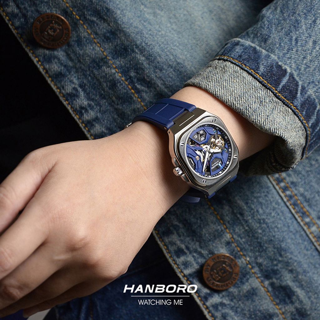 HANBORO | 3871-N | 銀框 方形鏤空 全自動機械腕 藍色矽膠錶帶 實戴展示