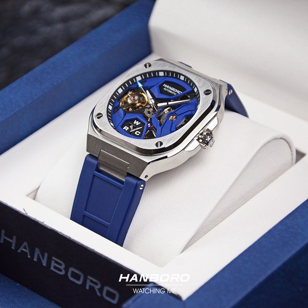 HANBORO | 3871-N | 銀框 方形鏤空 全自動機械腕 藍色矽膠錶帶 盒裝展示
