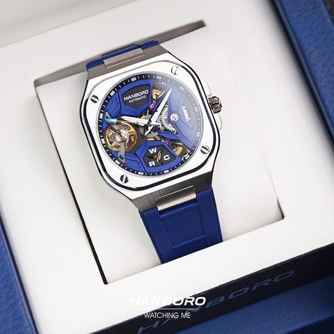HANBORO | 3871-N | 銀框 方形鏤空 全自動機械腕 藍色矽膠錶帶 盒裝細節展示