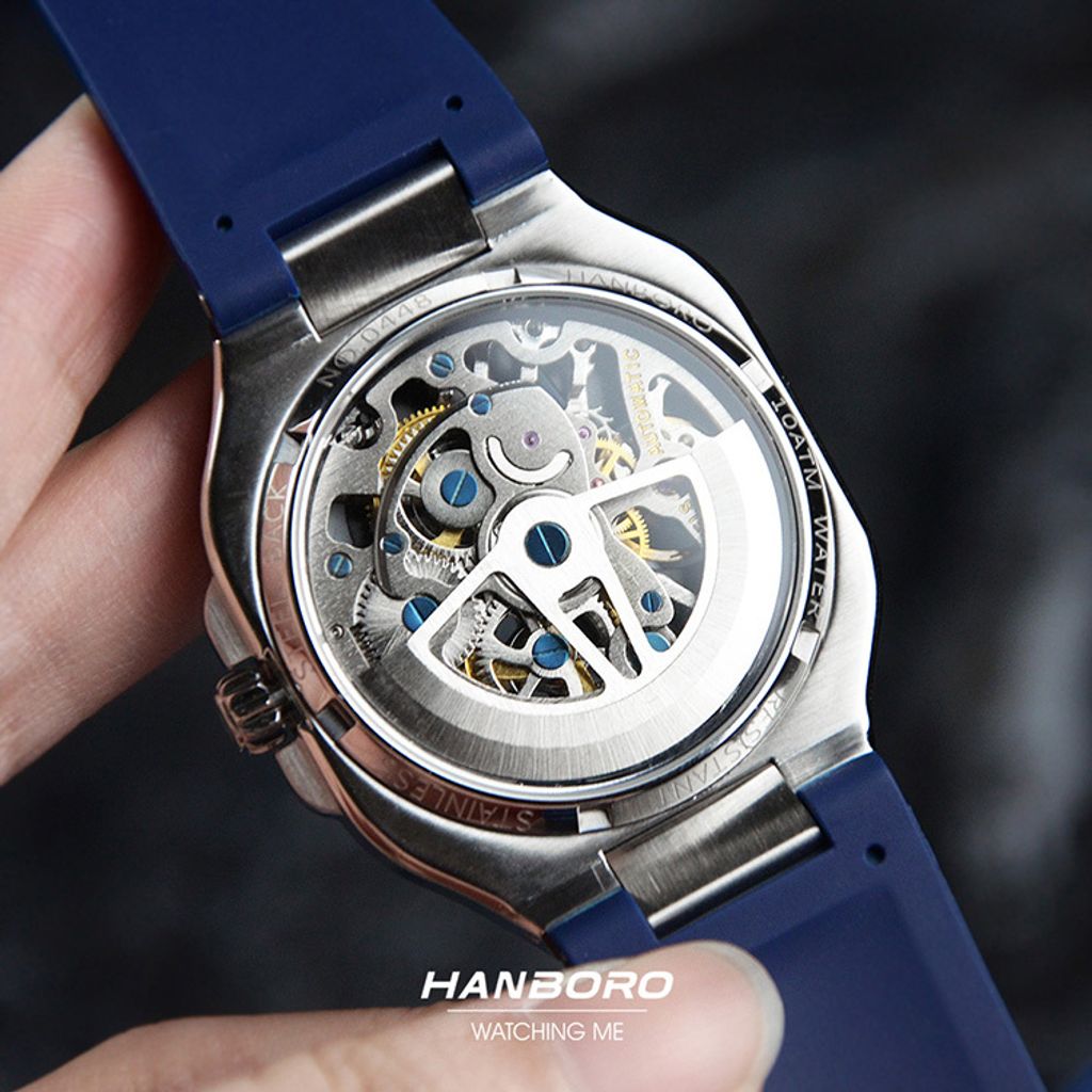 HANBORO | 3871-N | 銀框 方形鏤空 全自動機械腕 藍色矽膠錶帶 背面細節