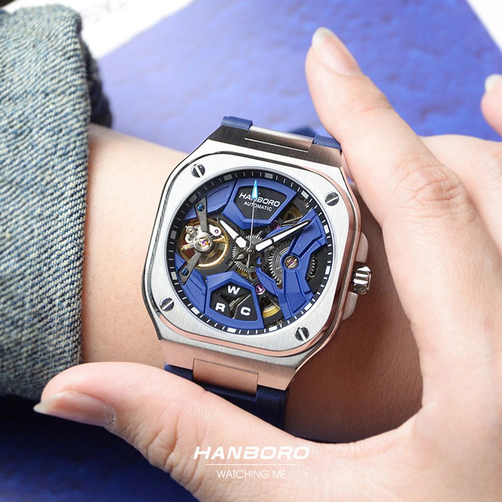 HANBORO | 3871-N | 銀框 方形鏤空 全自動機械腕 藍色矽膠錶帶 實戴細節