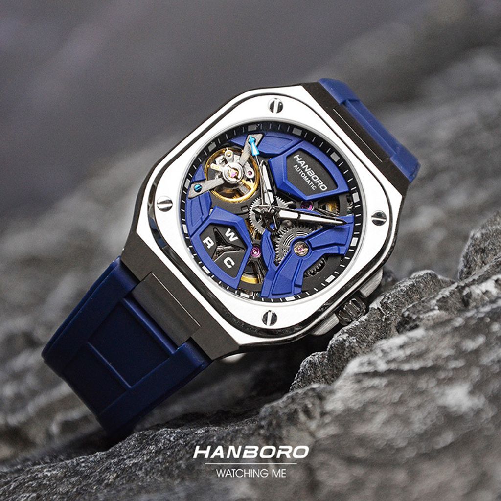 HANBORO | 3871-N | 銀框 方形鏤空 全自動機械腕 藍色矽膠錶帶 實體細節
