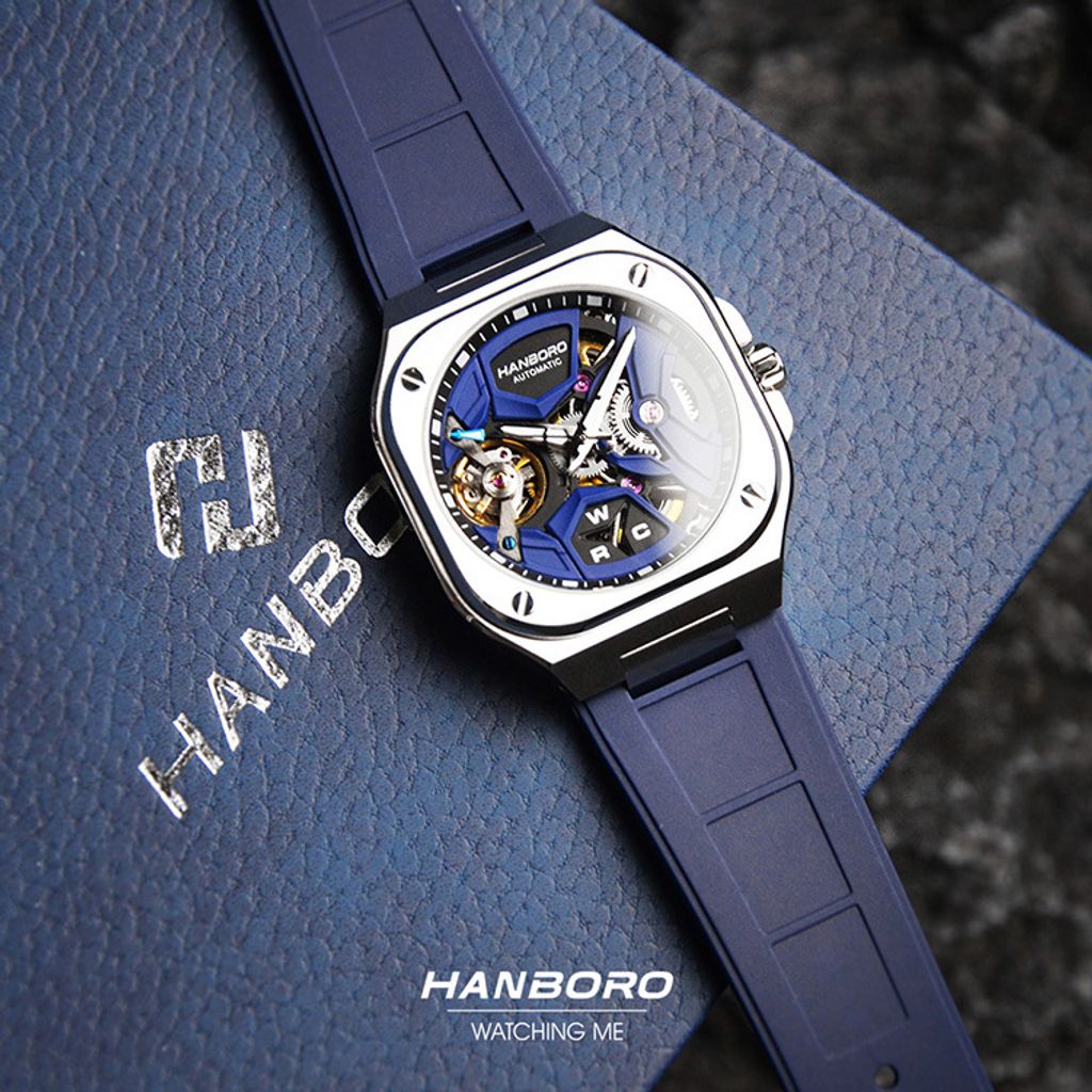 HANBORO | 3871-N | 銀框 方形鏤空 全自動機械腕 藍色矽膠錶帶 平攤展示