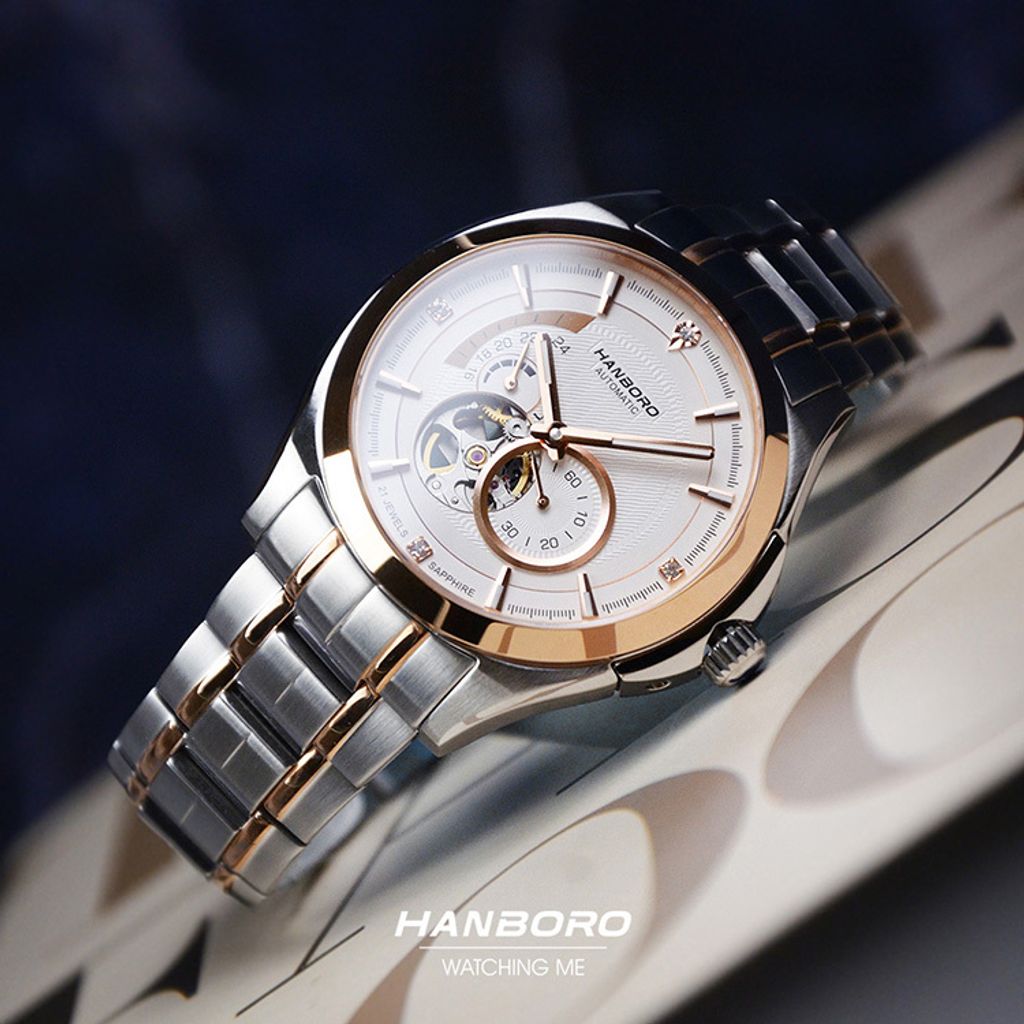 HANBORO | 騎士系列 88059-5HRGWHRG | 潮流鏤空 夜光機械錶 銀+玫瑰金色不鏽鋼錶帶 實體側面