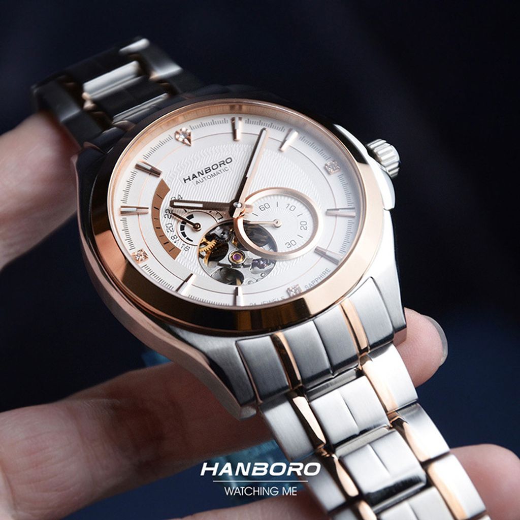 HANBORO | 騎士系列 88059-5HRGWHRG | 潮流鏤空 夜光機械錶 銀+玫瑰金色不鏽鋼錶帶 錶面細節