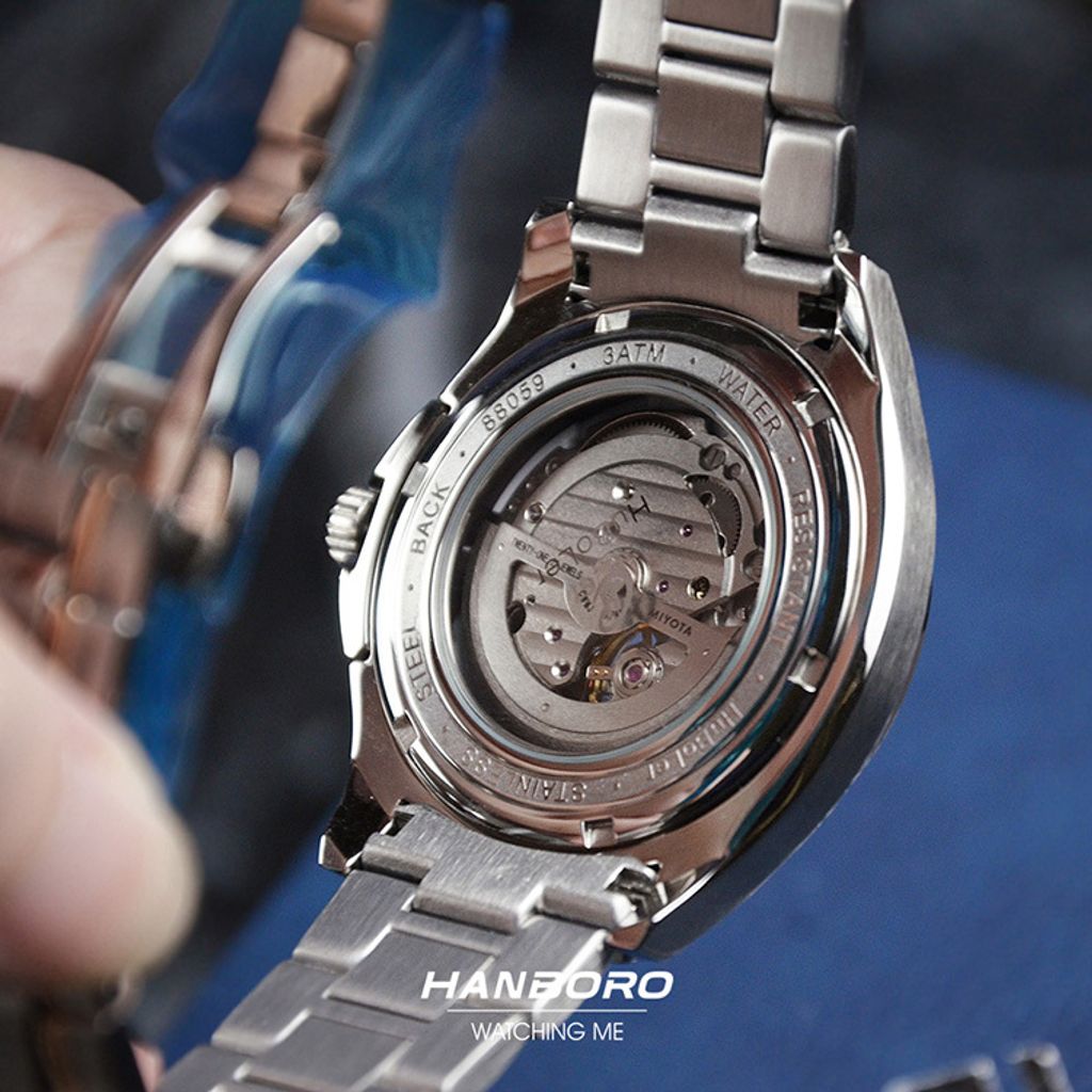 HANBORO | 騎士系列 88059-5HRGWHRG | 潮流鏤空 夜光機械錶 銀+玫瑰金色不鏽鋼錶帶 背面細節