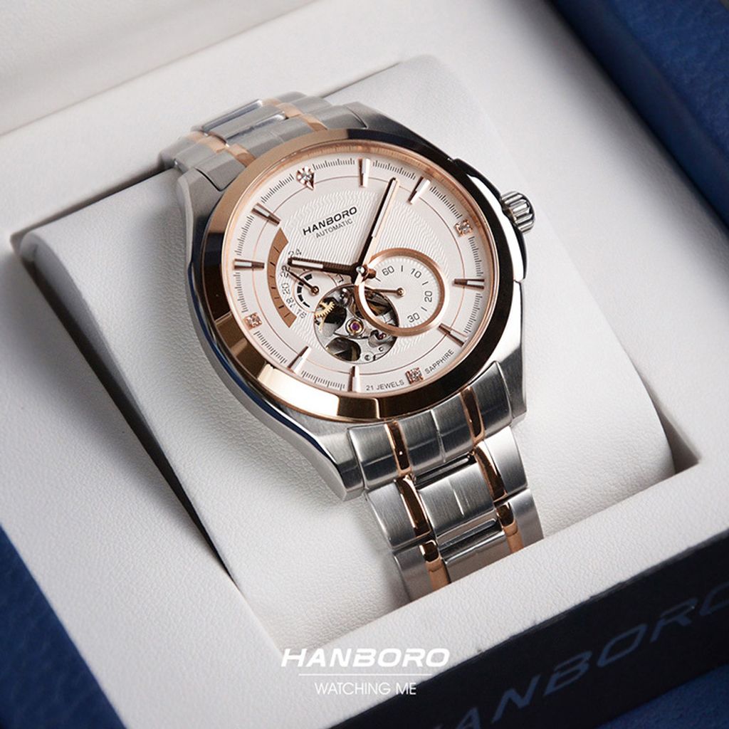 HANBORO | 騎士系列 88059-5HRGWHRG | 潮流鏤空 夜光機械錶 銀+玫瑰金色不鏽鋼錶帶 實體盒裝展示