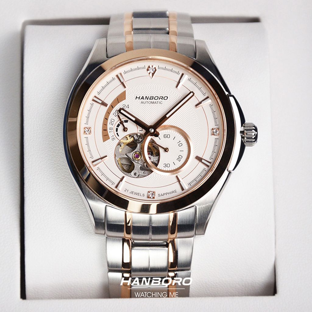HANBORO | 騎士系列 88059-5HRGWHRG | 潮流鏤空 夜光機械錶 銀+玫瑰金色不鏽鋼錶帶 實體正面細節