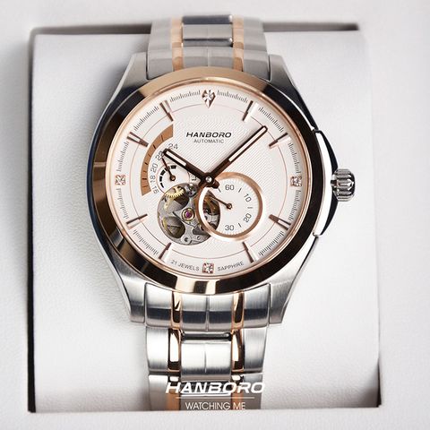HANBORO | 騎士系列 88059-5HRGWHRG | 潮流鏤空 夜光機械錶 銀+玫瑰金色不鏽鋼錶帶 實體正面細節