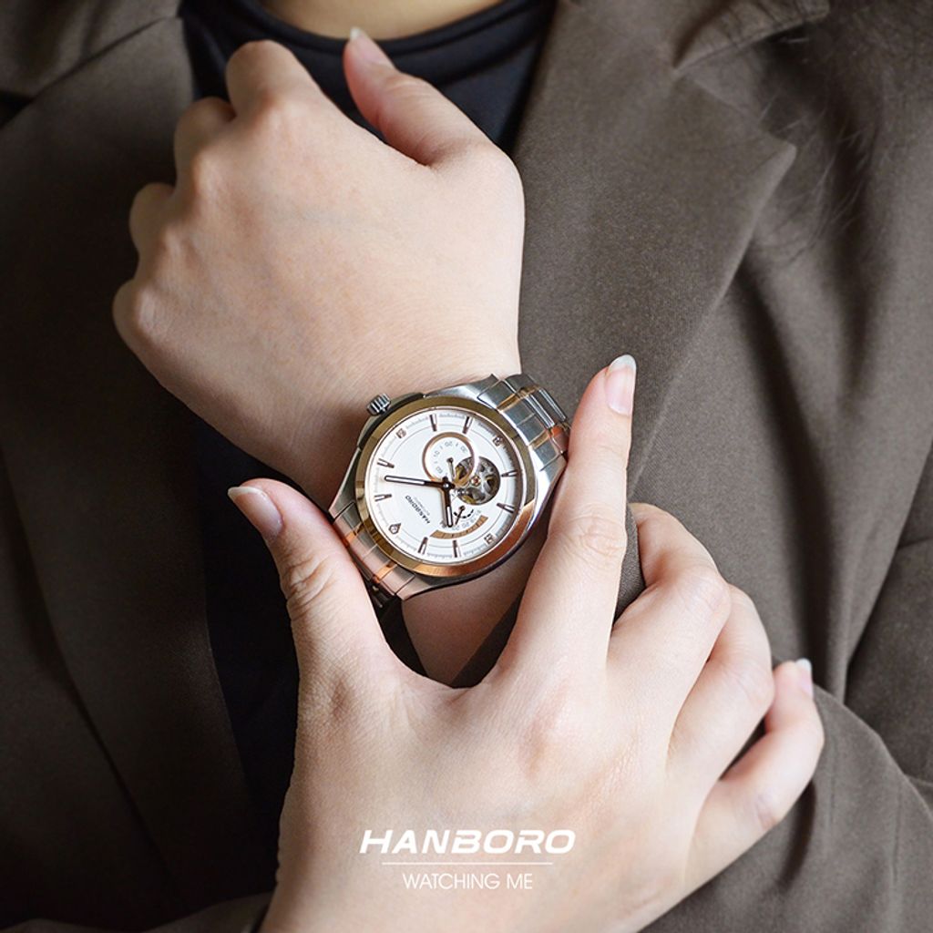 HANBORO | 騎士系列 88059-5HRGWHRG | 潮流鏤空 夜光機械錶 銀+玫瑰金色不鏽鋼錶帶 實戴細節展示