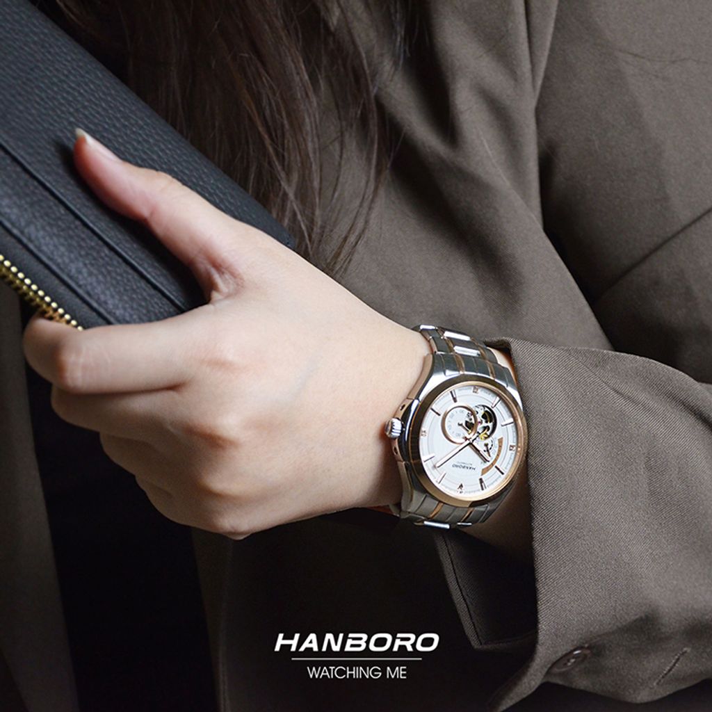 HANBORO | 騎士系列 88059-5HRGWHRG | 潮流鏤空 夜光機械錶 銀+玫瑰金色不鏽鋼錶帶 實戴展示