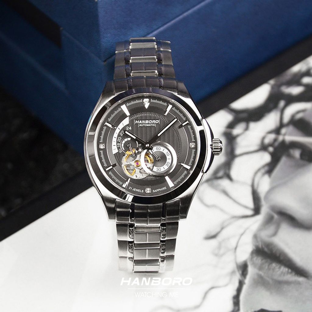 HANBORO | 騎士系列 88059-5SBS | 潮流鏤空 黑色錶面 夜光機械錶 不鏽鋼錶帶 實體正面展示