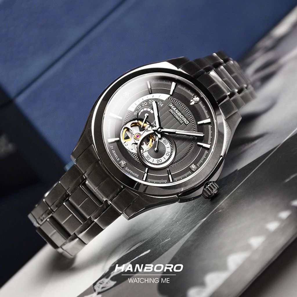 HANBORO | 騎士系列 88059-5SBS | 潮流鏤空 黑色錶面 夜光機械錶 不鏽鋼錶帶 實體側面展示